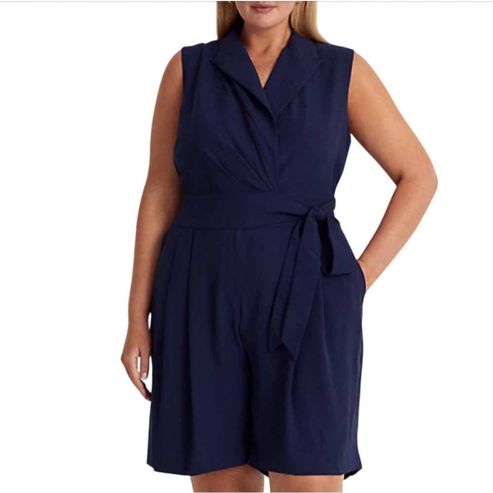Lauren Ralph Lauren Belted Georgette Sleeveless Romper Blue Size 18W - Picture 6 of 9